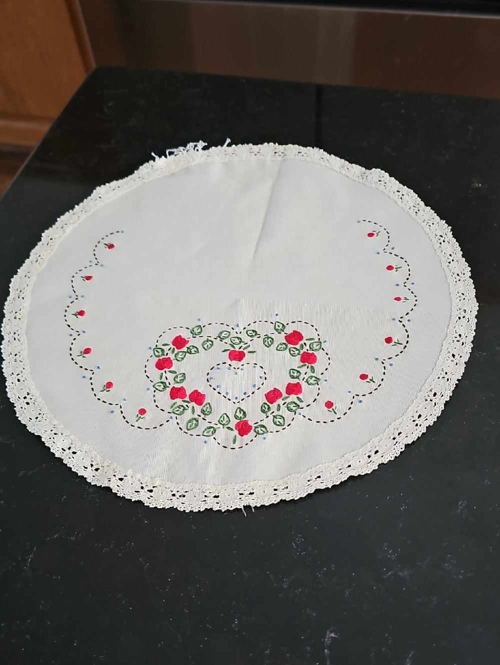 Embroidered Round Doily with Red Rose Heart Motif